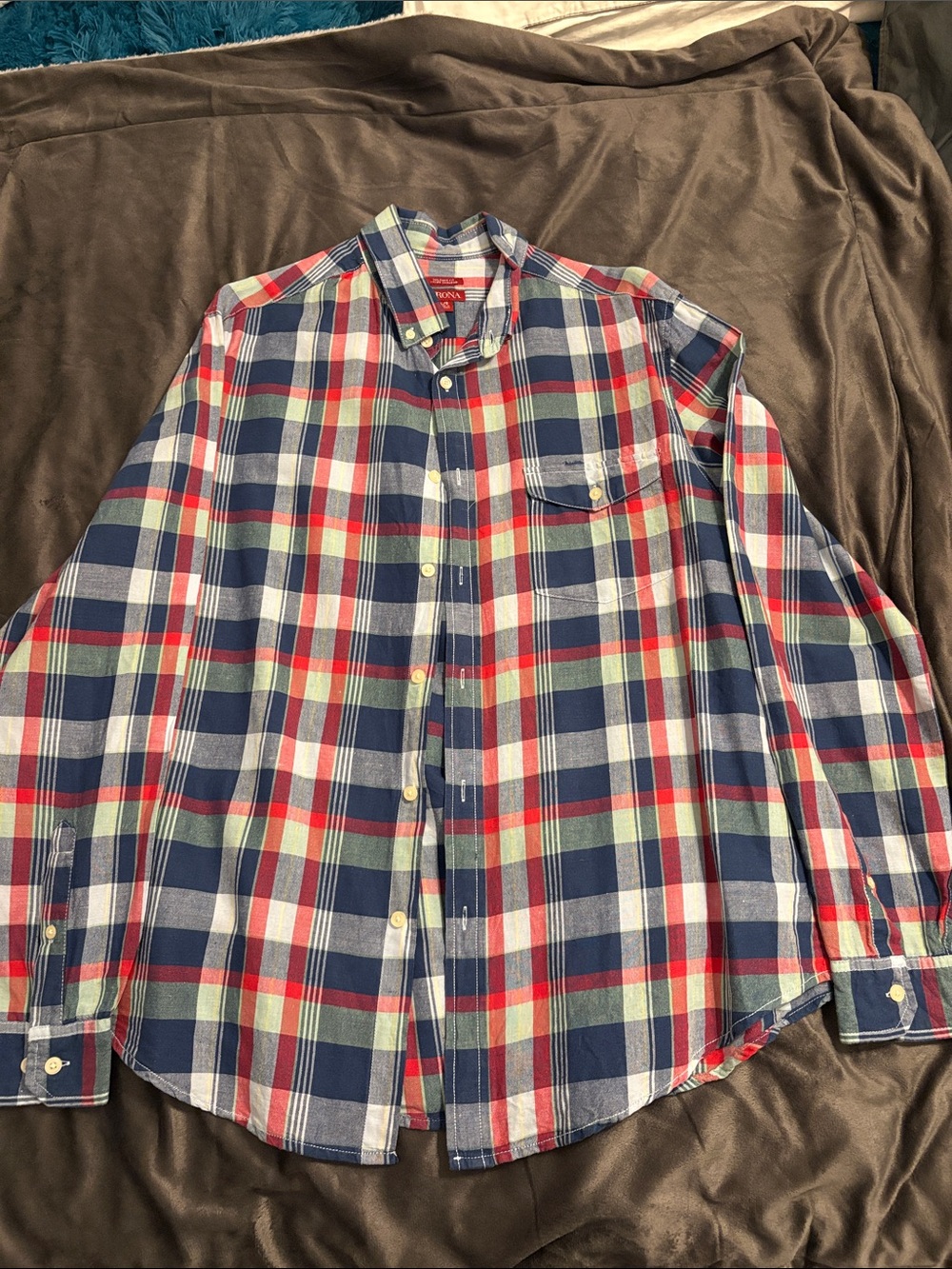 Merona Men's Plaid Button-Down Shirt in Blue, Red & White
